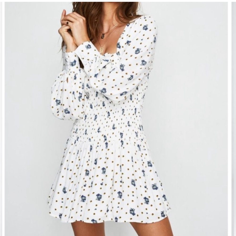 Free People Floral Two Faces Mini Dress Sz S White Smocked Long Sleeve Flowy - Picture 2 of 12